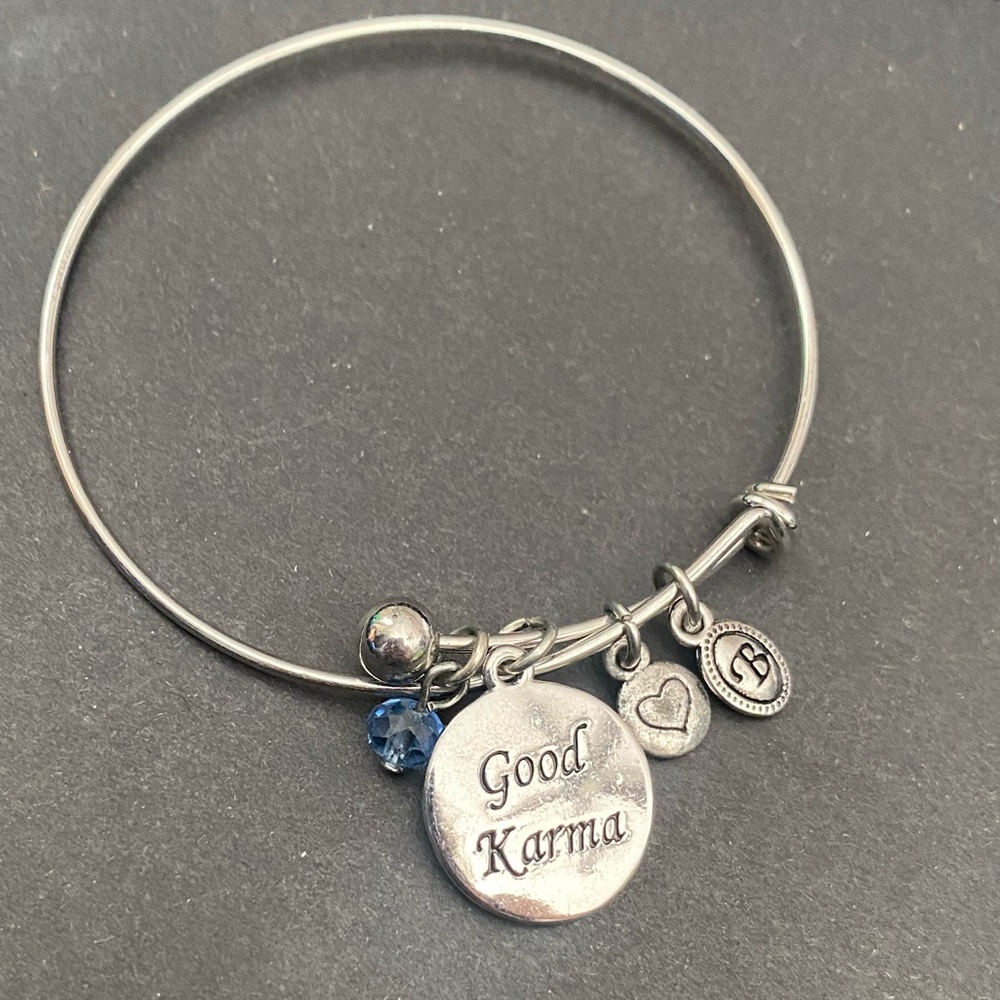 Adjustable bangle bracelet with “Good Karma” and “B” charm silver toned